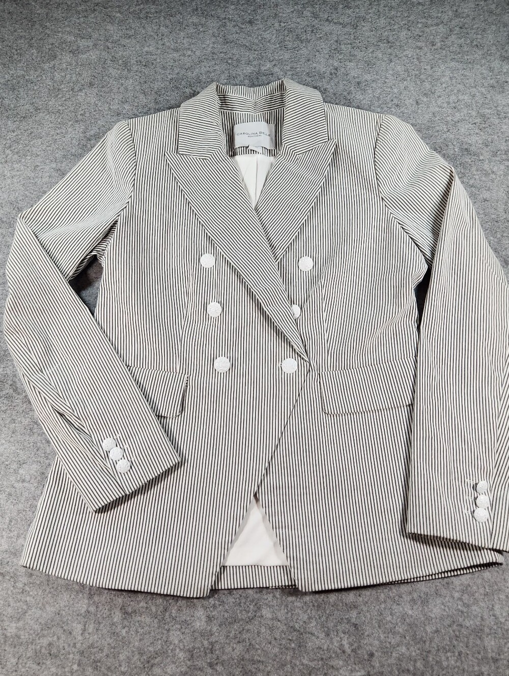 Carolina Belle White and Black Pinstripe Double-Breasted Blazer Medium